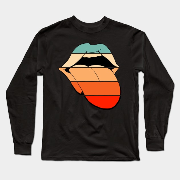 Retro Vintage Lips Sticking Out Tongue Print Long Sleeve T-Shirt by Hutchew